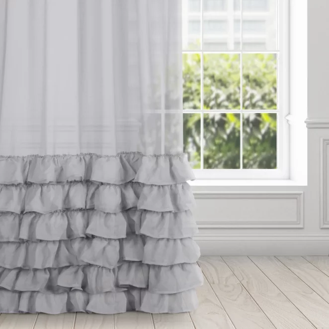 Firana stalowa z etaminy z falbanami 140x250 cm taśma - DOLLY Eurofirany