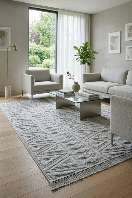 Dywan 50x80 cm srebrny, jasnoszary zdobiony trójwymiarowym geometrycznym wzorem LE MANS5 Eurofirany