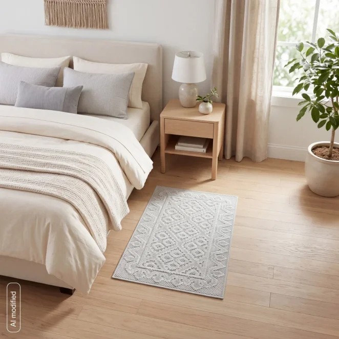 Dywan 50x80 cm srebrny zdobiony pętelkowym geometrycznym wzorem LENA BOHO Eurofirany