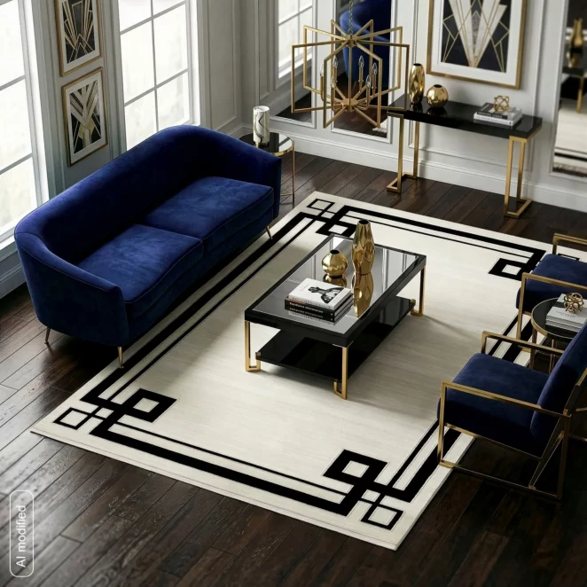 Dywan 60x100 cm jasnoszary, czarny zdobiony elegancką geometryczną ramką AURA 3 Eurofirany