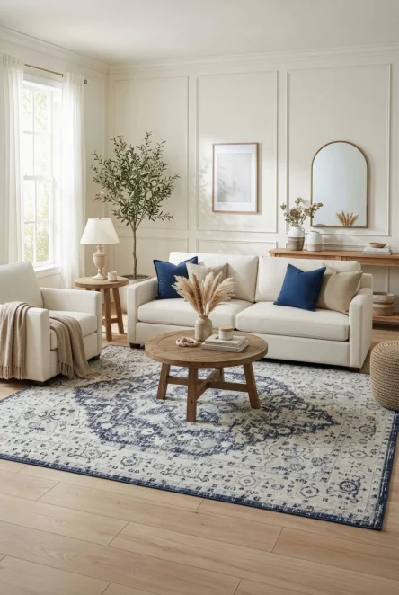 Dywan 60x100 cm kremowo, granatowy zdobiony wzorem ornamentu ELBA2 Eurofirany