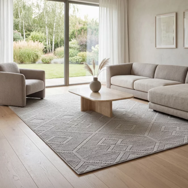 Dywan 60x100 cm srebrny z tłoczonym pętelkowym wzorem 3D SIMONE Eurofirany