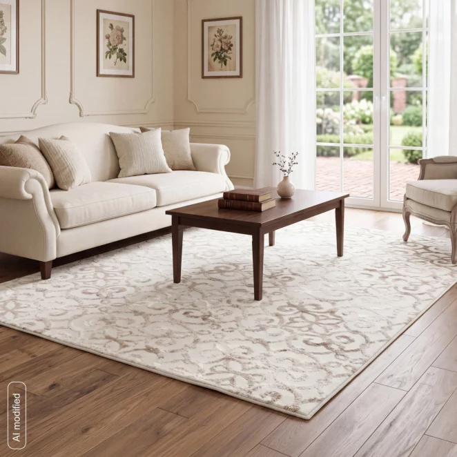 Dywan 80x150 cm kremowo, beżowy zdobiony ornementowym wzorem MILAN2 Eurofirany
