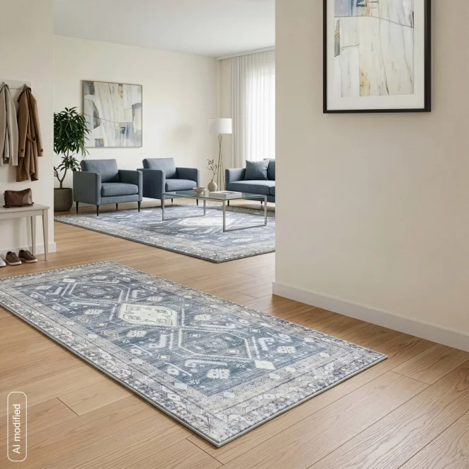 Dywan antypoślizgowy 50x80 cm kolor błękitno-biały z motywem ornamentu - SHINE1 Eurofirany