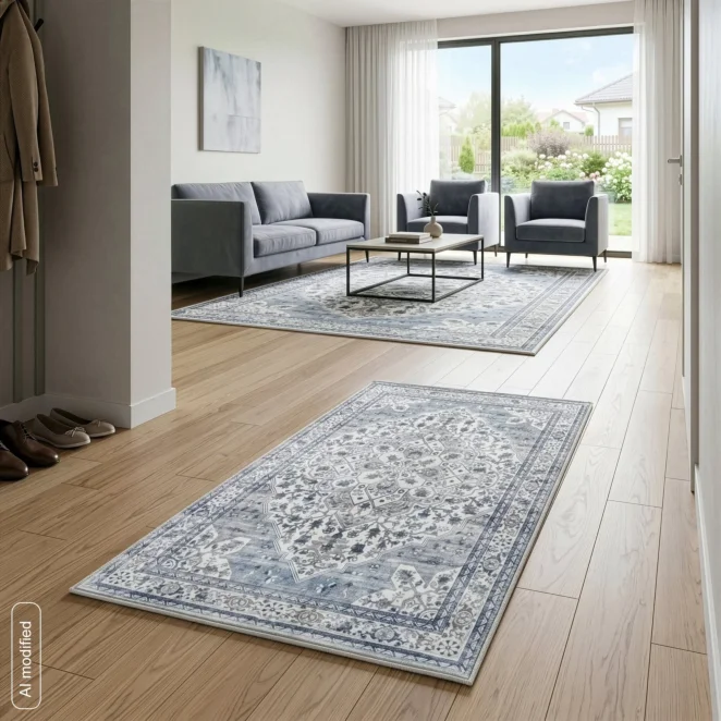 Dywan antypoślizgowy 50x80 cm kolor błękitno-biały z motywem ornamentu - SHINE2 Eurofirany