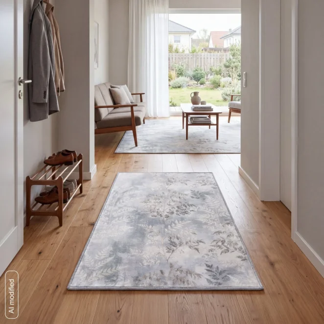 Dywan antypoślizgowy 50x80 cm szaro, kremowy zdobiony motywem roślinnym ADELIA Eurofirany