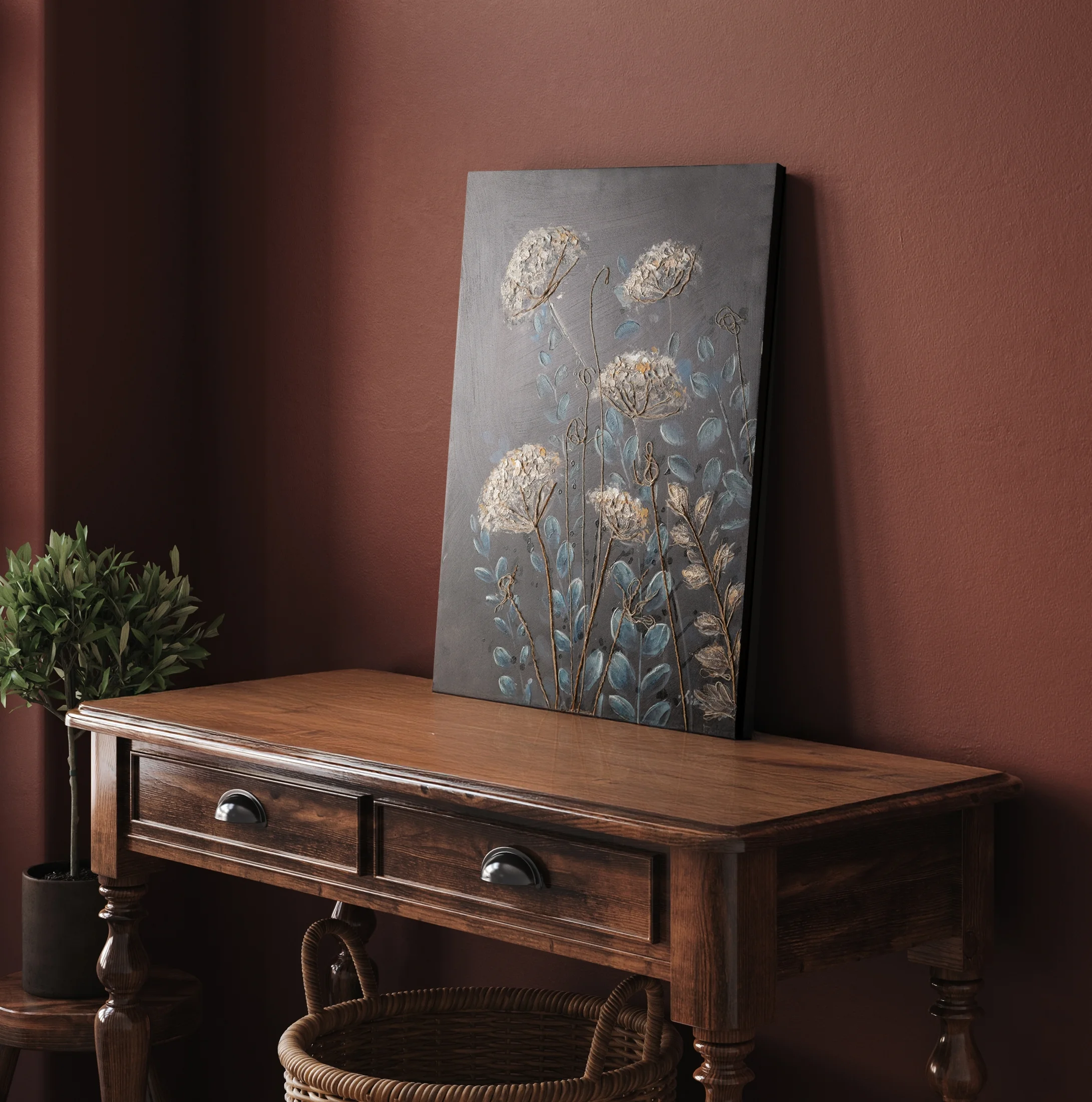 Obraz kwiatowy czarno, beżowy na płótnie z polnymi ziołami 60x80 m HERBS Eurofirany