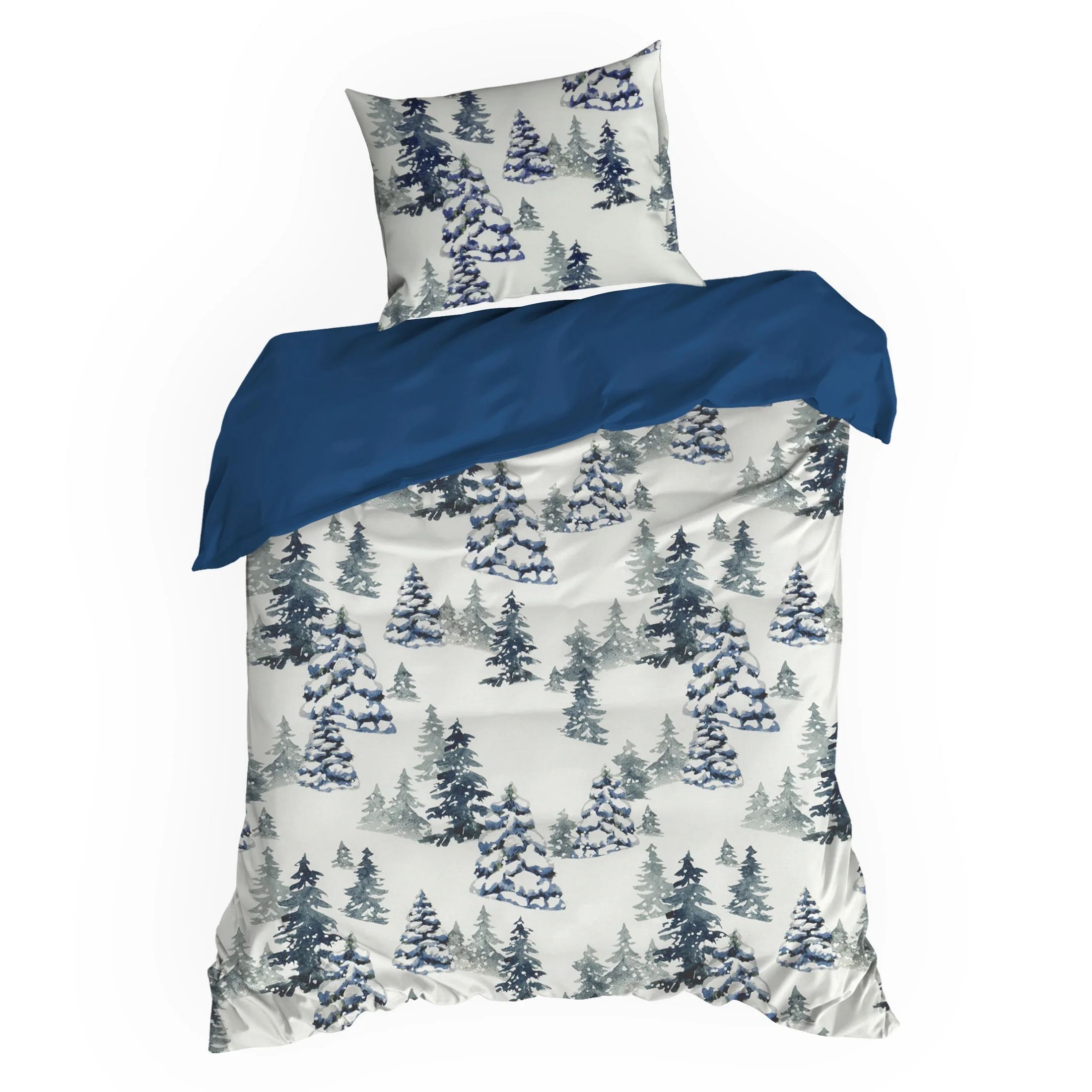 Pościel świąteczna 140x200 cm z bawełny ranforce, kolor biały, granatowy zdobiona nadrukiem zimowym NATAL Eurofirany