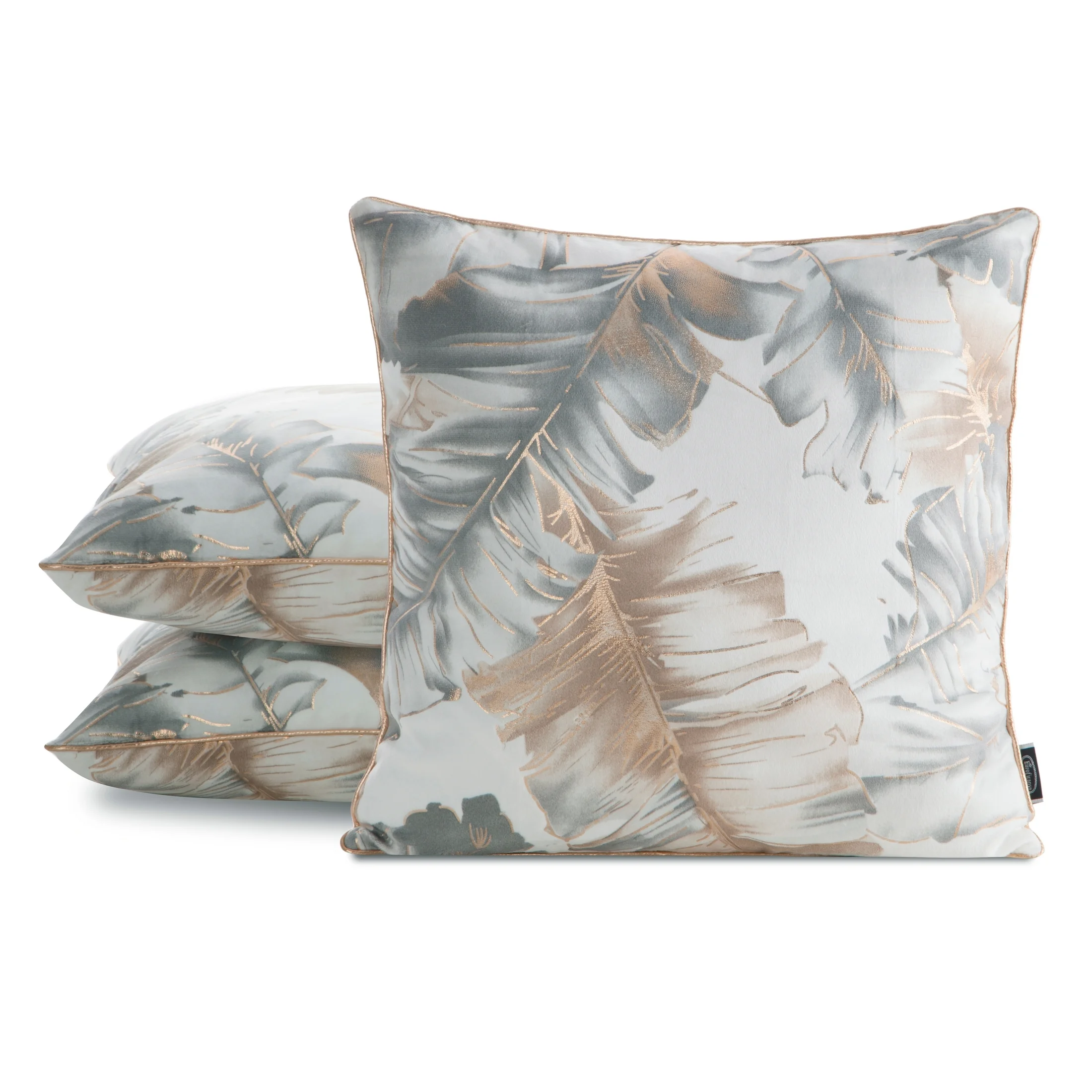 Poszewka na poduszkę 45x45 cm biało, srebrna z welwetu zdobiona nadrukiem liści i błyszczących dodatków LAYLA