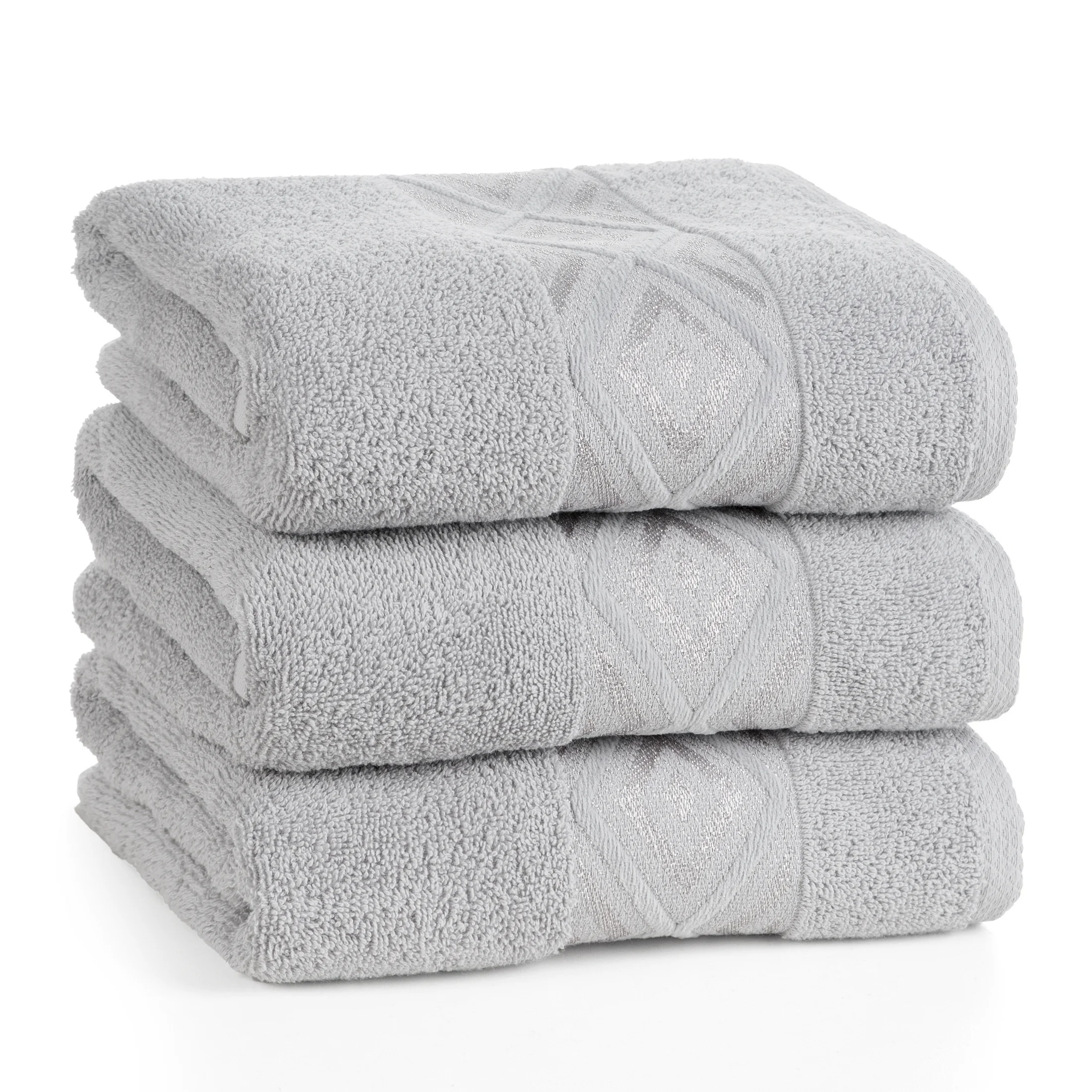 Ręcznik kąpielowy 50x90 cm bawełniany kolor srebrny z ozdobną geometryczną bordiurą AZARI Eurofirany