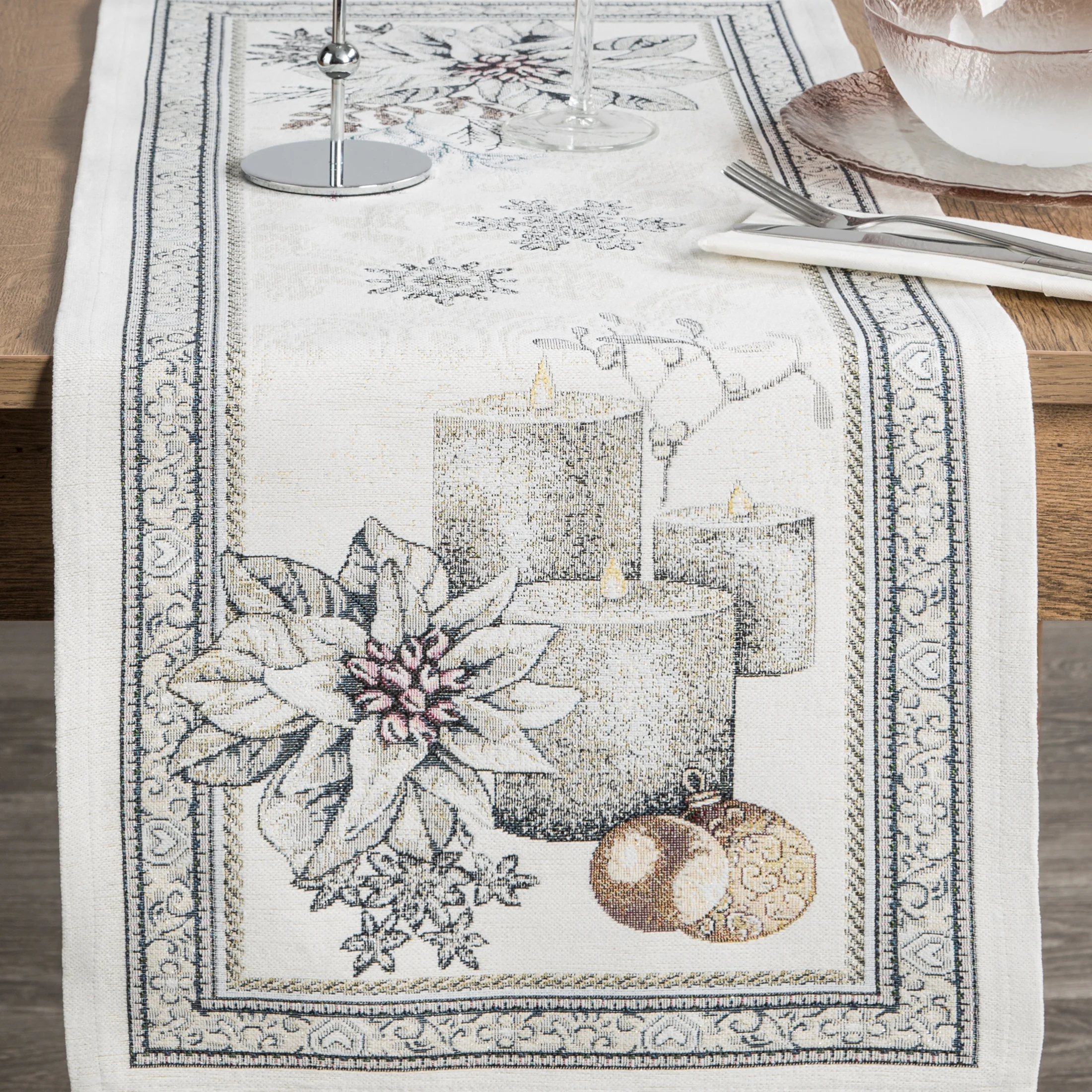Bieżnik na stół popielato, srebrny 40x100 cm gobelinowy CANDL z mieszanki włókien zdobiony wzorem świątecznym