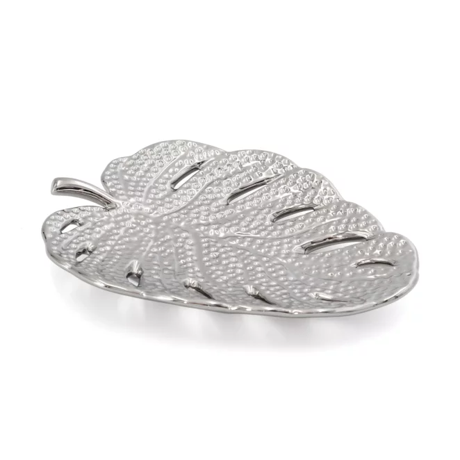 Patera dekoracyjna srebrna w kształcie liścia monstery 20x15x3 cm KARLO Eurofirany