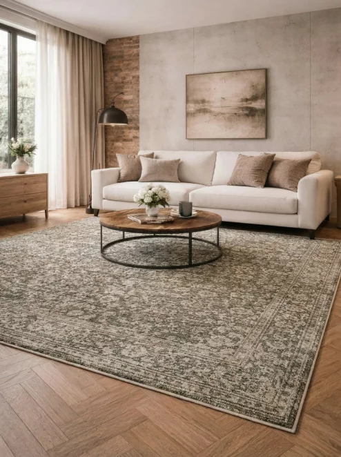Dywan 60x100 cm oliwkowo, beżowy zdobiony przecieranym orientalnym wzorem MONTREAL Eurofirany