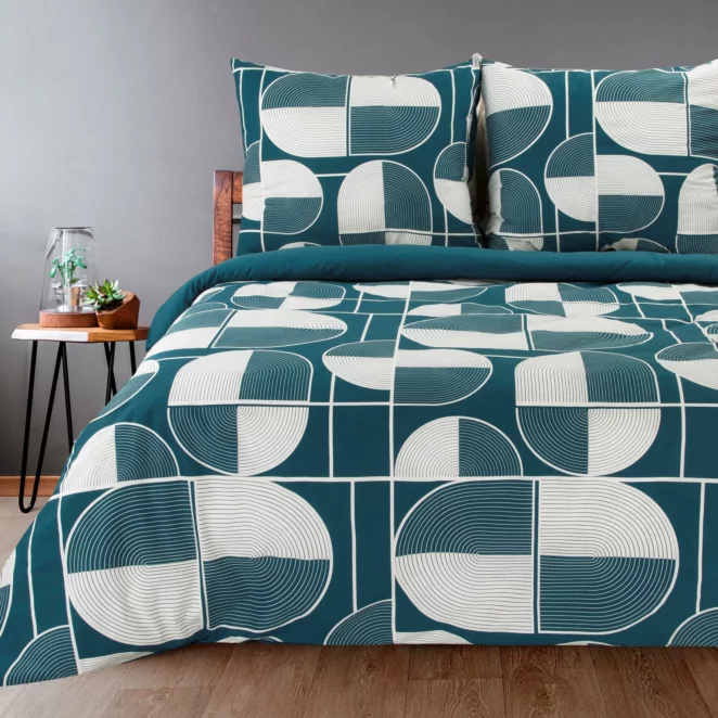 Pościel bawełniana 220x200 cm komplet 3 częściowy kolor ciemnoniebieski, biały wzór geometryczny ELLA9 Ella Line Eurofirany