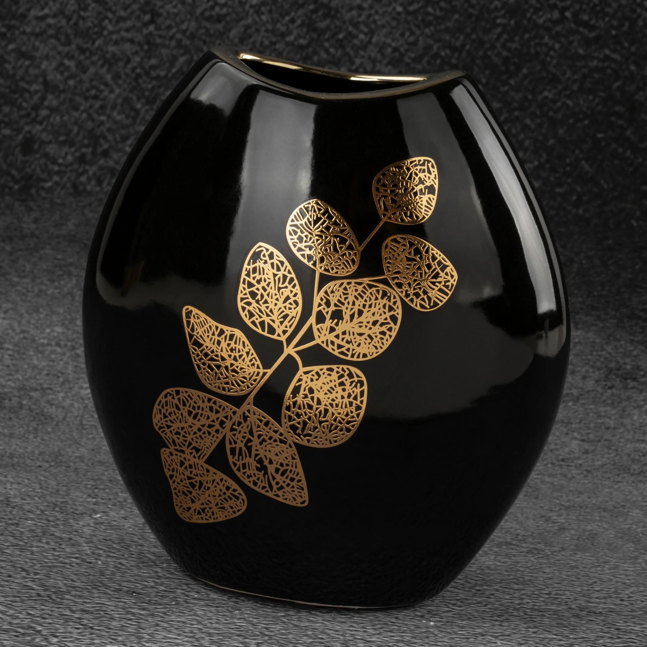 ERIKA CZARNY CERAMICZNY WAZON DEKORACYJNY ZE ZŁOTYMI LIŚĆMI 14x7x16 cm