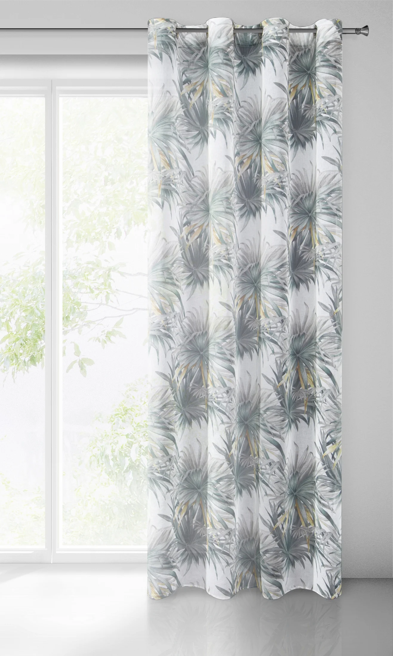 Estell biała zasłona z etaminy w szare liście palmowe na przelotkach 140x250 cm Eurofirany