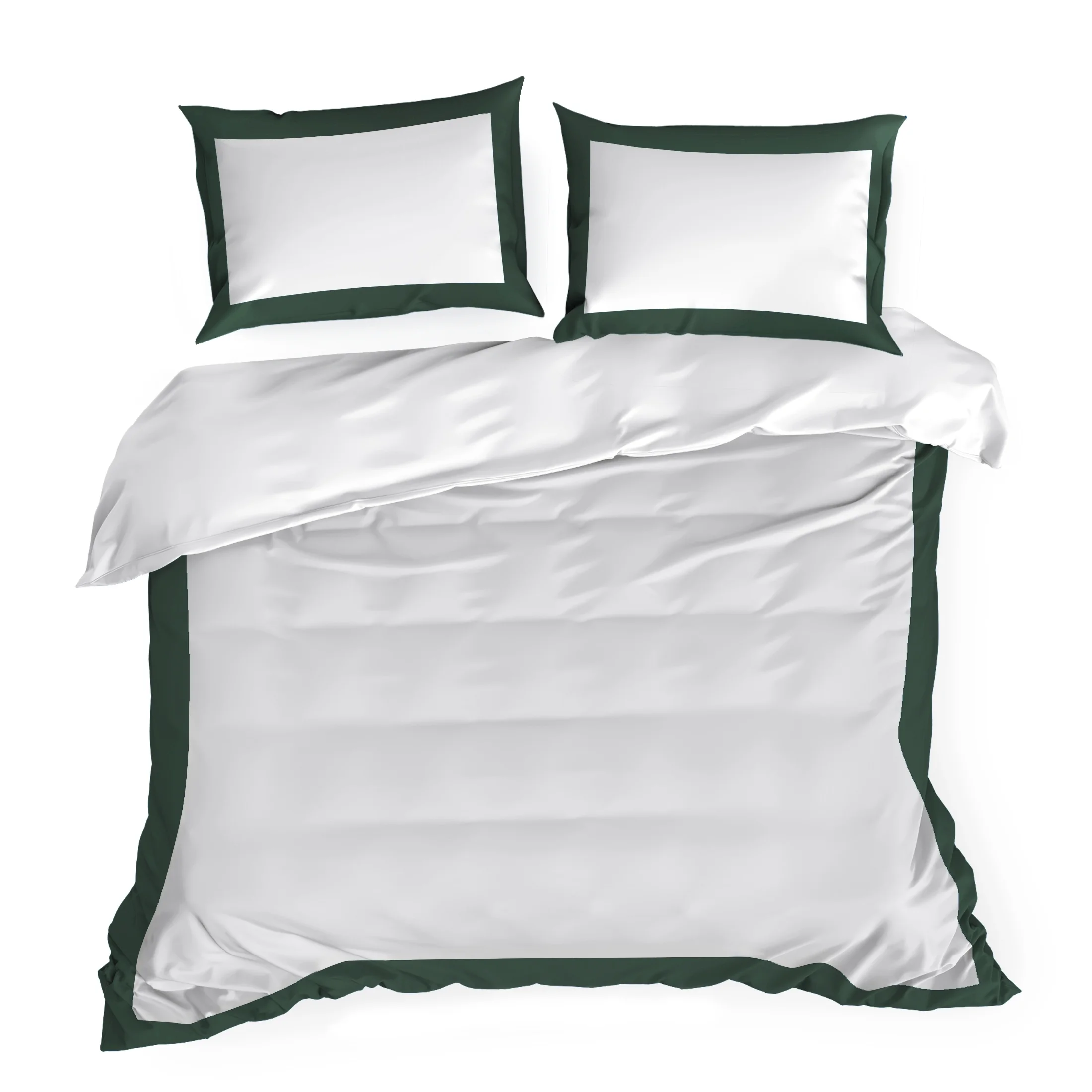 Pościel satynowa 220x200 cm komplet 3 częściowy kolor biały, ciemnozielony z kontrastującą kantą LAURA Eurofirany
