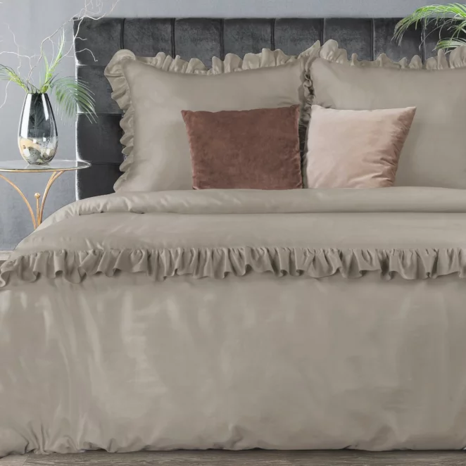 Pościel bawełniana 160x200 cm kolor jasnobrązowy z subtelną falbanką styl romantyczny VENUS Eurofirany Premium