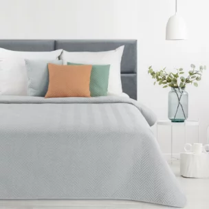 Narzuta z tkaniny o strukturze lnu srebrna 220x240 cm pikowana w wzór jodełki LEN 3 EUROFIRANY PREMIUM