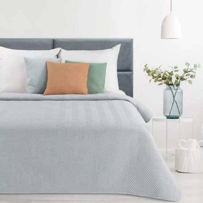 Narzuta z tkaniny o strukturze lnu srebrna 220x240 cm pikowana w wzór jodełki LEN 3 EUROFIRANY PREMIUM