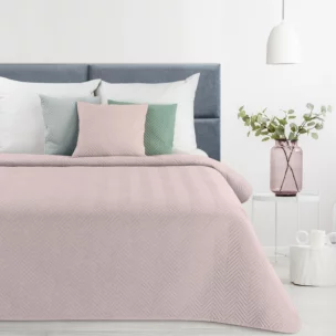 Narzuta z tkaniny o strukturze lnu różowa 220x240 cm pikowana w wzór jodełki LEN 3 EUROFIRANY PREMIUM
