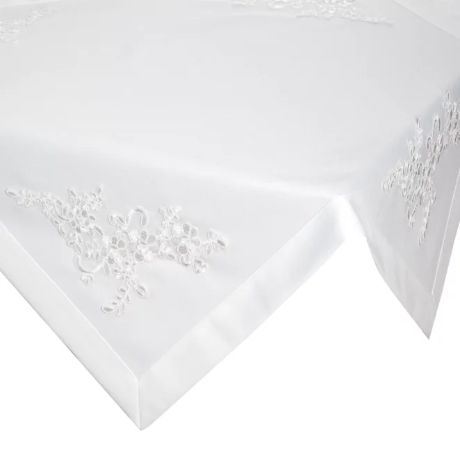 Bieżnik na stół biały 85x85 cm BARI obszyty szeroką kantą i zdobiony koronkową aplikacją EUROFIRANY PREMIUM