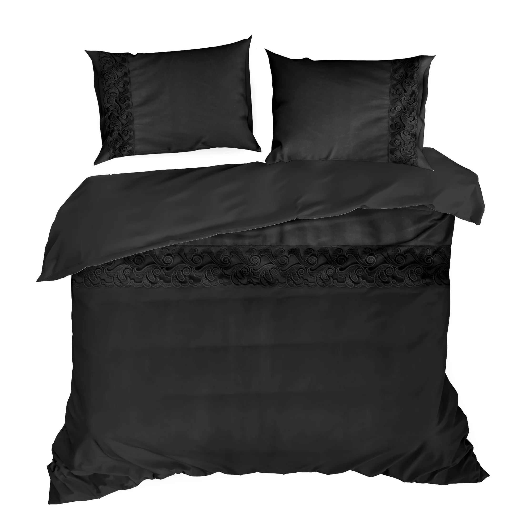 Pościel bawełniana 160x200 cm komplet 3 częściowy kolor czarny zdobiona elegancką koronką LANA3 Eurofirany Premium