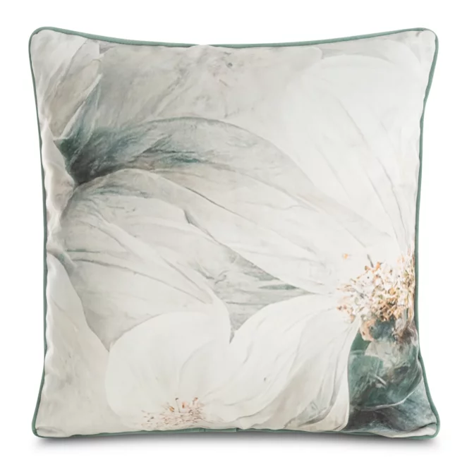Poszewka na poduszkę 60x60 cm welwetowa z designerskim nadrukiem kwiatów i wypustką na brzegach beżowo, turkusowa EVA 5 EVA MINGE Eurofirany
