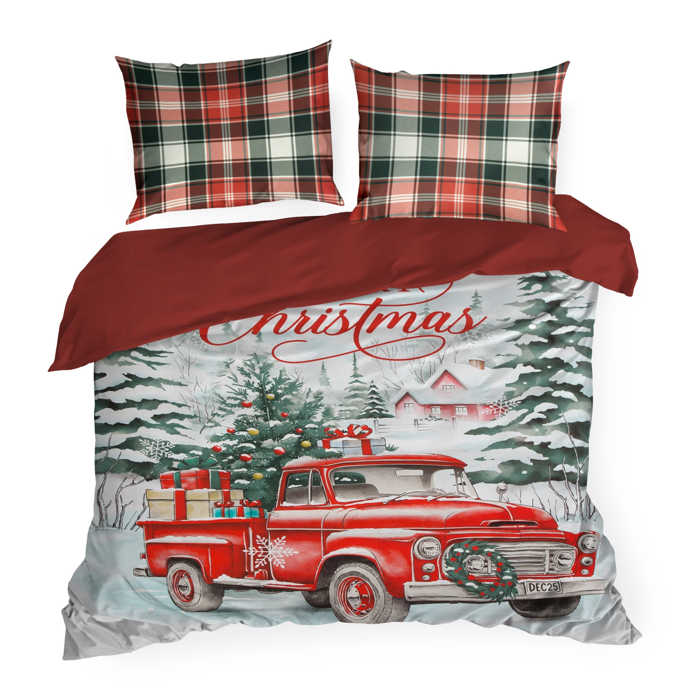 Pościel świąteczna 220x200 cm z bawełny ranforce, kolor czerwono, biały zdobiona uroczym nadrukiem świątecznego auta XMAS Eurofirany