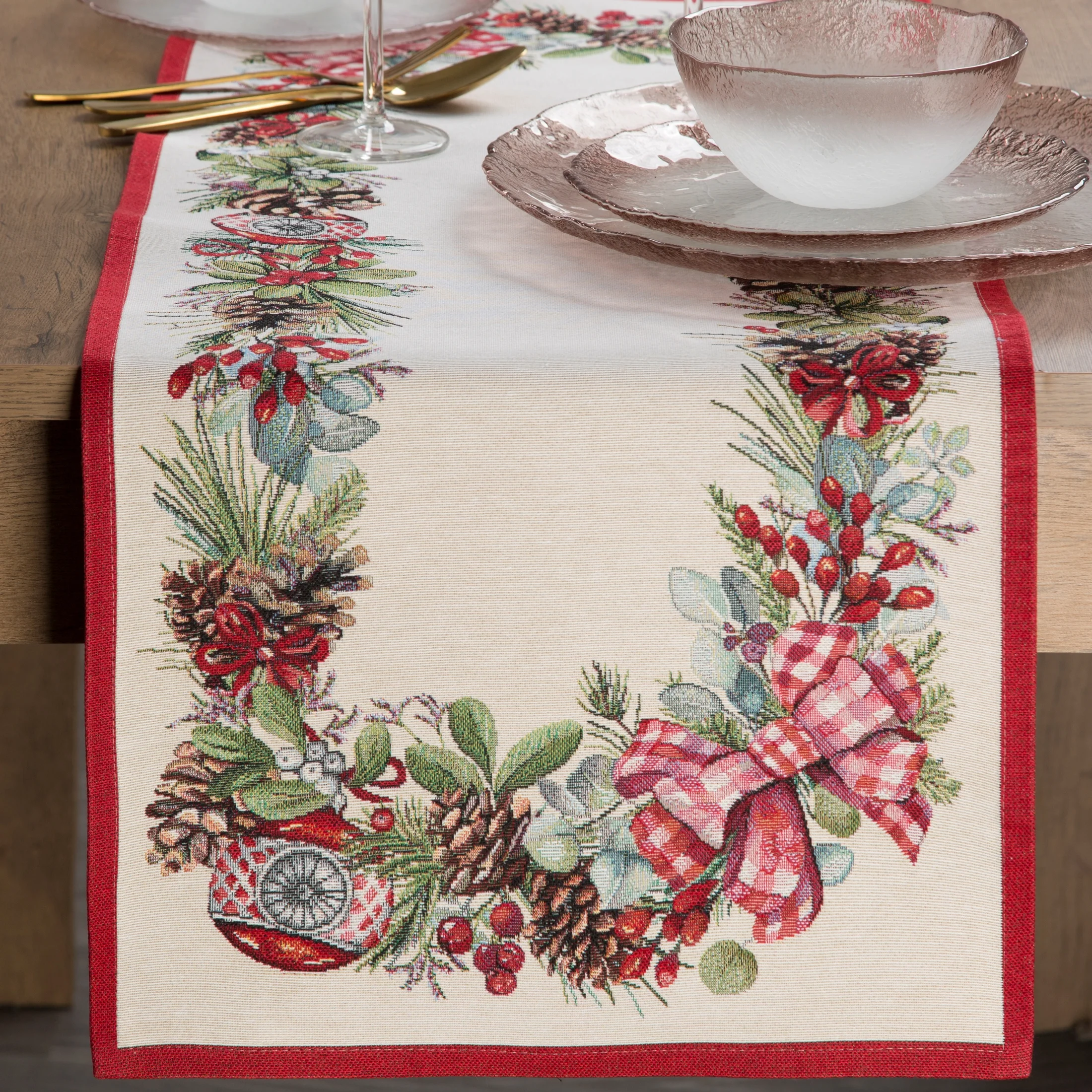 Świąteczny bieżnik naturalno, czerwony 45x140 cm gobelinowy zdobiony tkanym motywem świątecznym Eurofirany