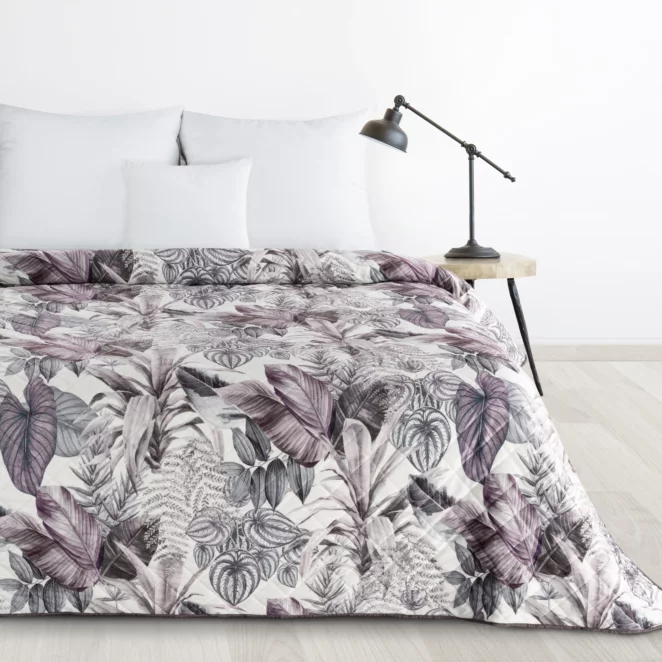 Narzuta fioletowo, szara 170x210 cm pikowana metodą hot press z nadrukiem egzotycznych liści DAVOS DESIGN 91 Eurofirany