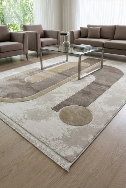 Dywan 160x230 cm beżowy, jasnokremowy zdobiony geometrycznym motywem AURA7 Eurofirany