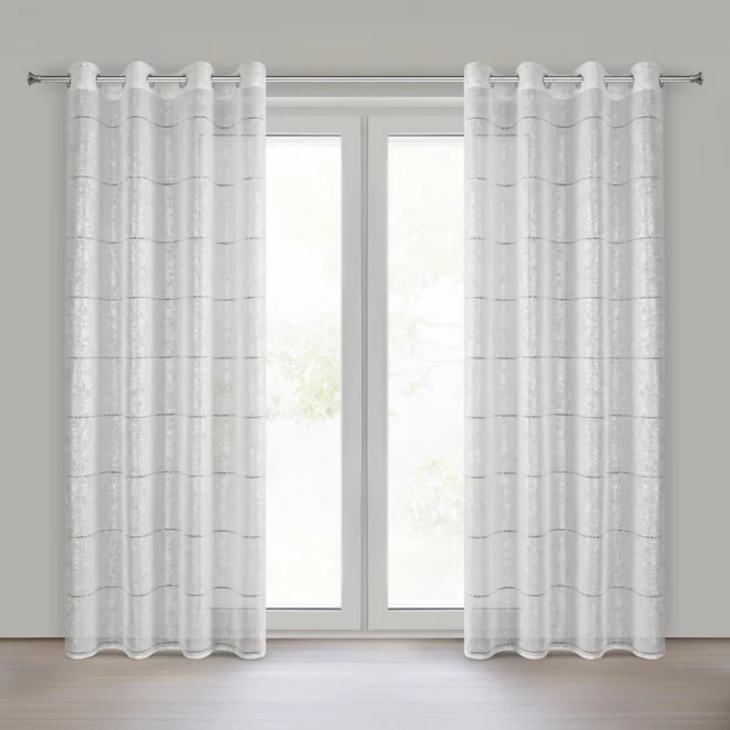 Firana biało, srebrna zdobiona ażurowymi paskami i roślinnym nadrukiem 140x250 cm przelotka - KATY - Eurofirany