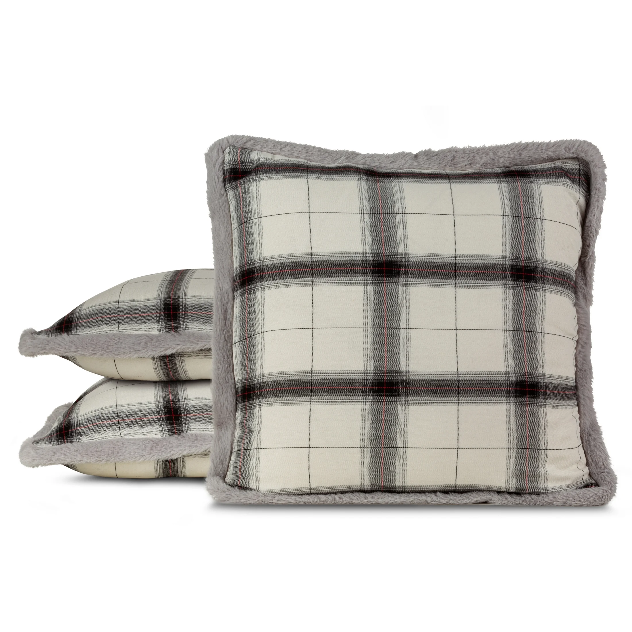 Poszewka na poduszkę 45x45 cm bawełniana w kratkę z bokami obszytymi futerkiem biało, stalowa Eurofirany
