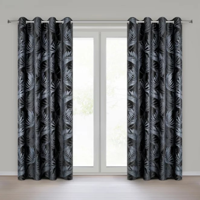 Zasłona czarna z welwetowej tkaniny z motywem roślinnym 140x250 cm - VERA Eurofirany