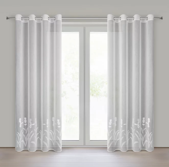 Firana biała z etaminy zdobiona haftem roślinnym 140x250 cm przelotka - TONYA Eurofirany