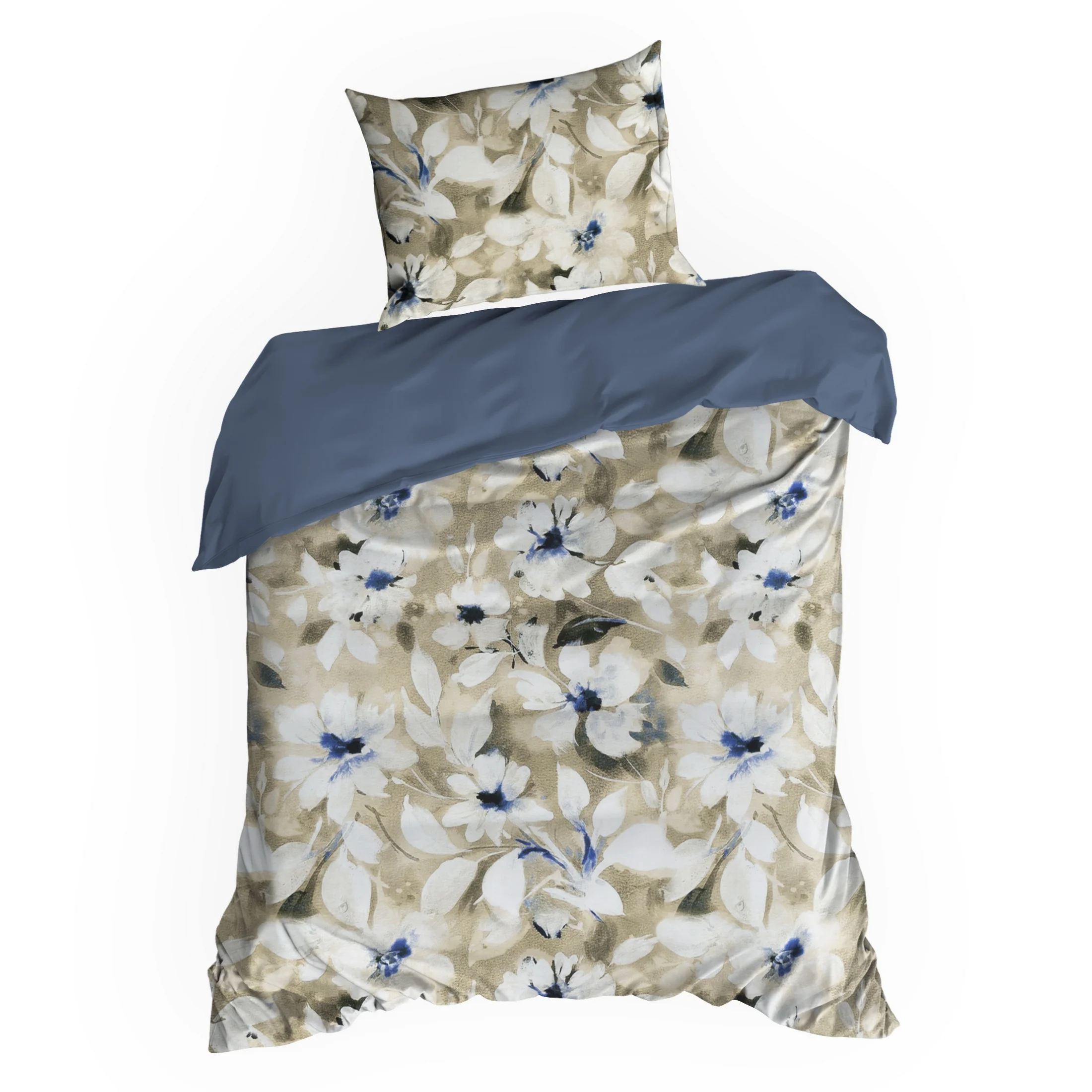 Pościel 140x200 cm satyna bawełniana kolor jasnobeżowy, ciemnoniebieski z wzorem roślinnym SPRING 66 Eurofirany
