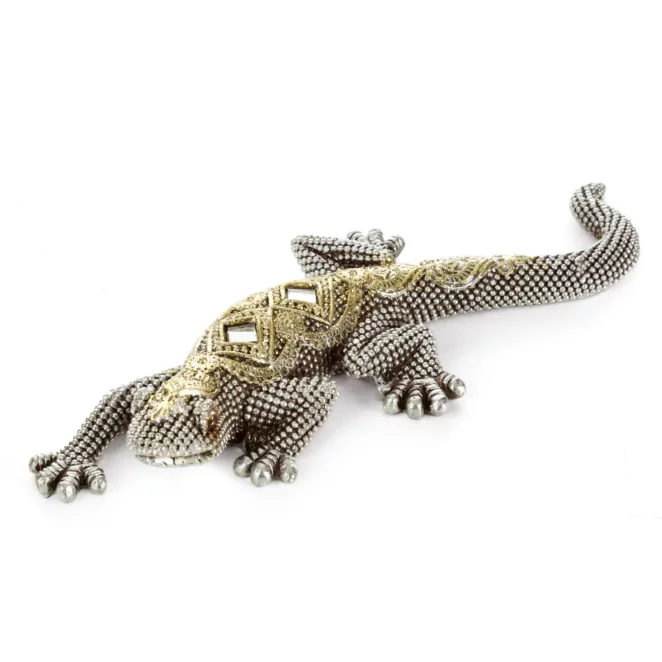 Figurka srebrna jaszczurka o drobnym strukturalnym wzorze 20x8x3 cm GATOS Eurofirany