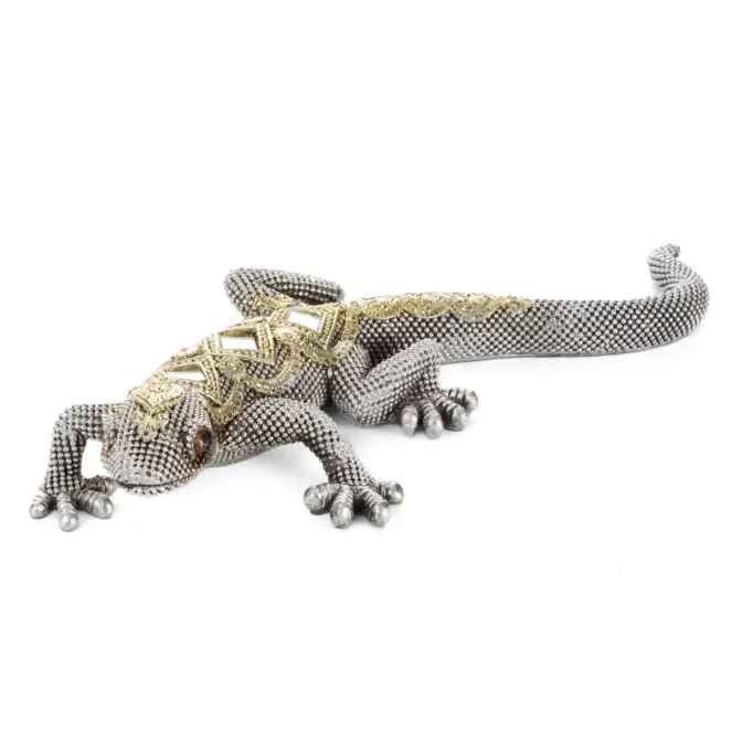 Figurka srebrno-złota jaszczurka o drobnym strukturalnym wzorze 25x11x5 cm GATOS Eurofirany