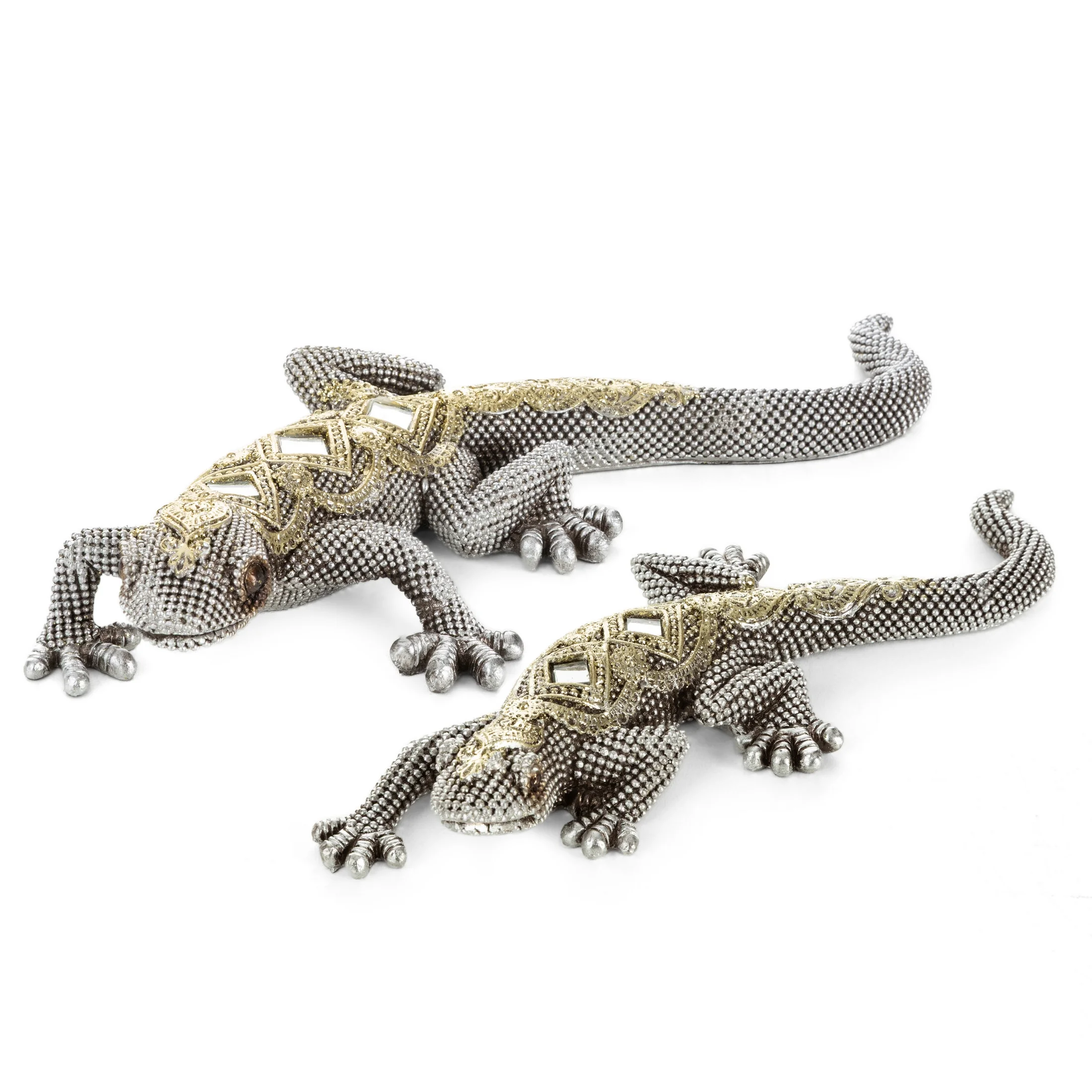 Figurka srebrno-złota jaszczurka o drobnym strukturalnym wzorze 25x11x5 cm GATOS Eurofirany