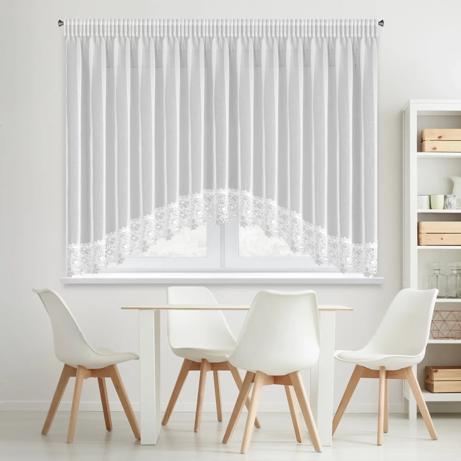 Firana biała łuk z etaminy zdobiona ażurową koronką 400x160 cm, taśma - ARTEMIDA Eurofirany