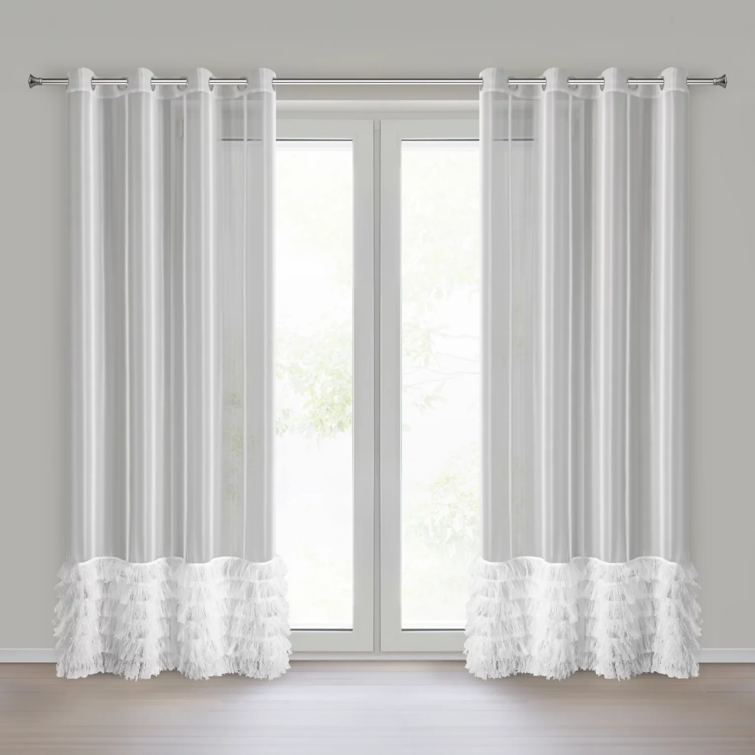 Firana biała z drobnej siateczki z fantazyjną aplikacją 140x250 cm przelotka - ARABELLA Eurofirany