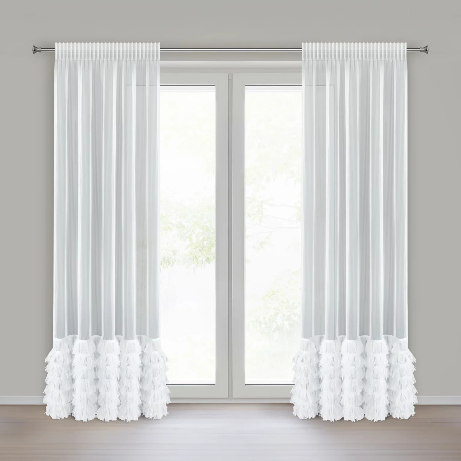 Firana biała z drobnej siateczki z fantazyjną aplikacją 140x270 cm taśma - ARABELLA Eurofirany