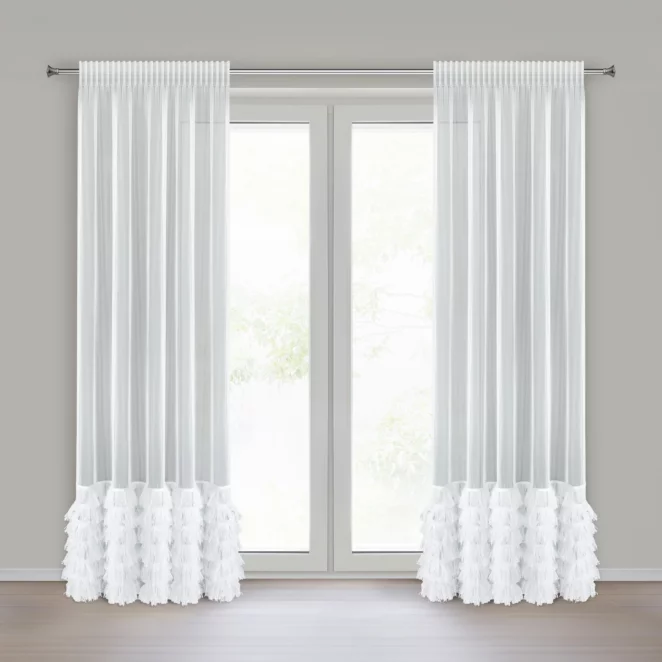 Firana biała z drobnej siateczki z fantazyjną aplikacją 140x270 cm taśma - ARABELLA Eurofirany