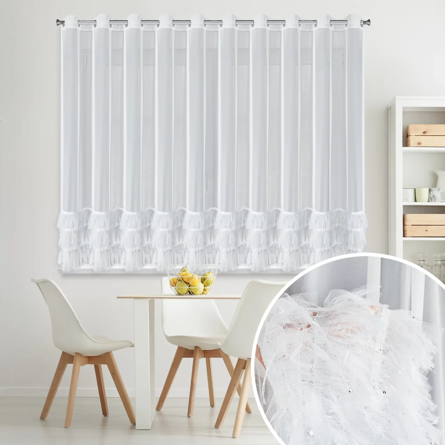 Firana biała z drobnej siateczki z fantazyjną aplikacją 400x160 cm przelotka - ARABELLA Eurofirany