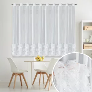 Firana biała z drobnej siateczki z fantazyjną aplikacją 400x160 cm przelotka - ARABELLA Eurofirany