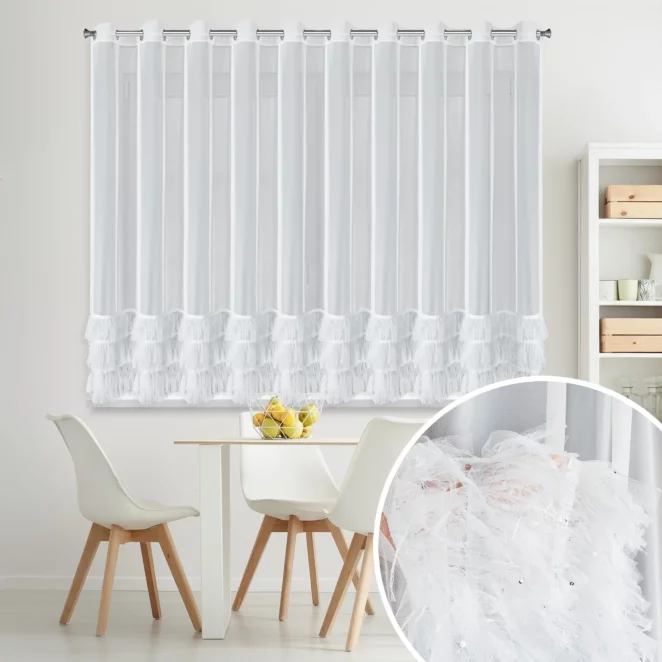Firana biała z drobnej siateczki z fantazyjną aplikacją 400x160 cm przelotka - ARABELLA Eurofirany