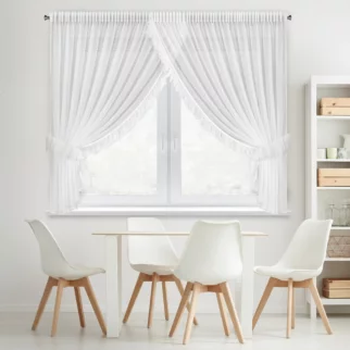 Firana biała z drobnej siateczki z fantazyjną aplikacją 400x180 cm w zestawie troczki, taśma - ARABELLA Eurofirany