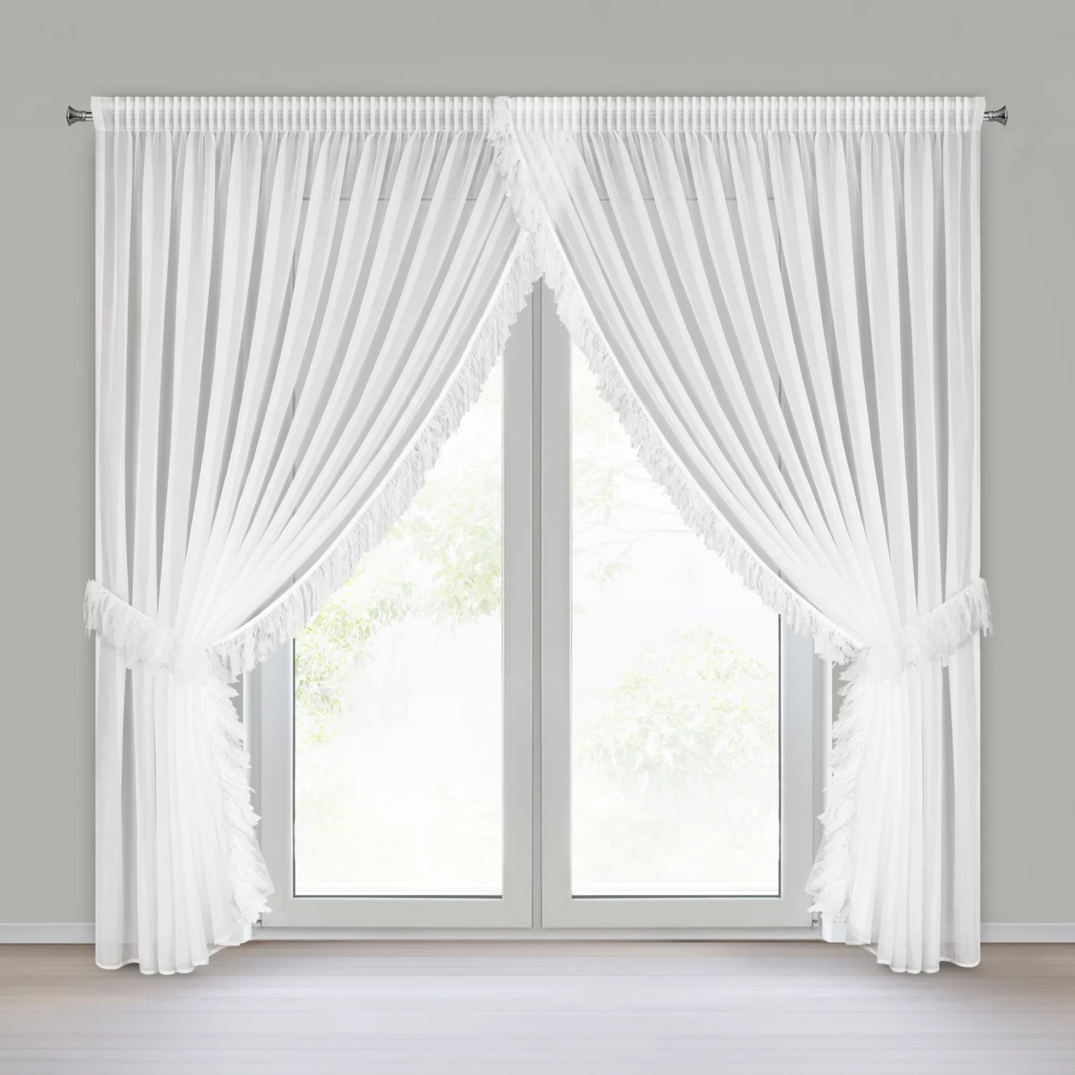 Firana biała z drobnej siateczki z fantazyjną aplikacją 400x250 cm w zestawie troczki, taśma - ARABELLA Eurofirany