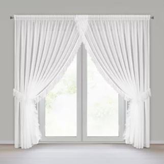 Firana biała z drobnej siateczki z fantazyjną aplikacją 400x250 cm w zestawie troczki, taśma - ARABELLA Eurofirany